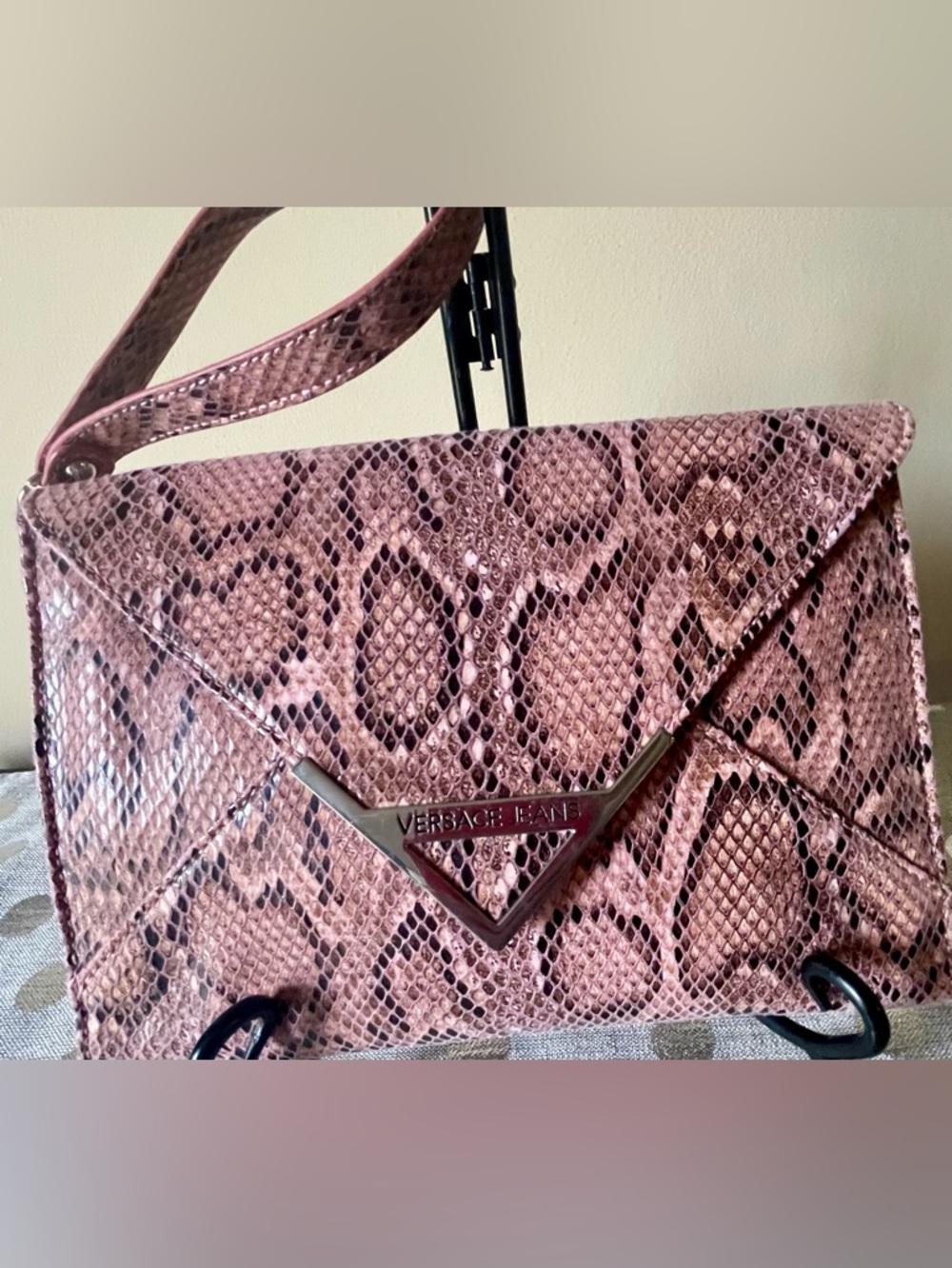 Versace Jeans Collection Pink & Black Snakeskin Clutch.